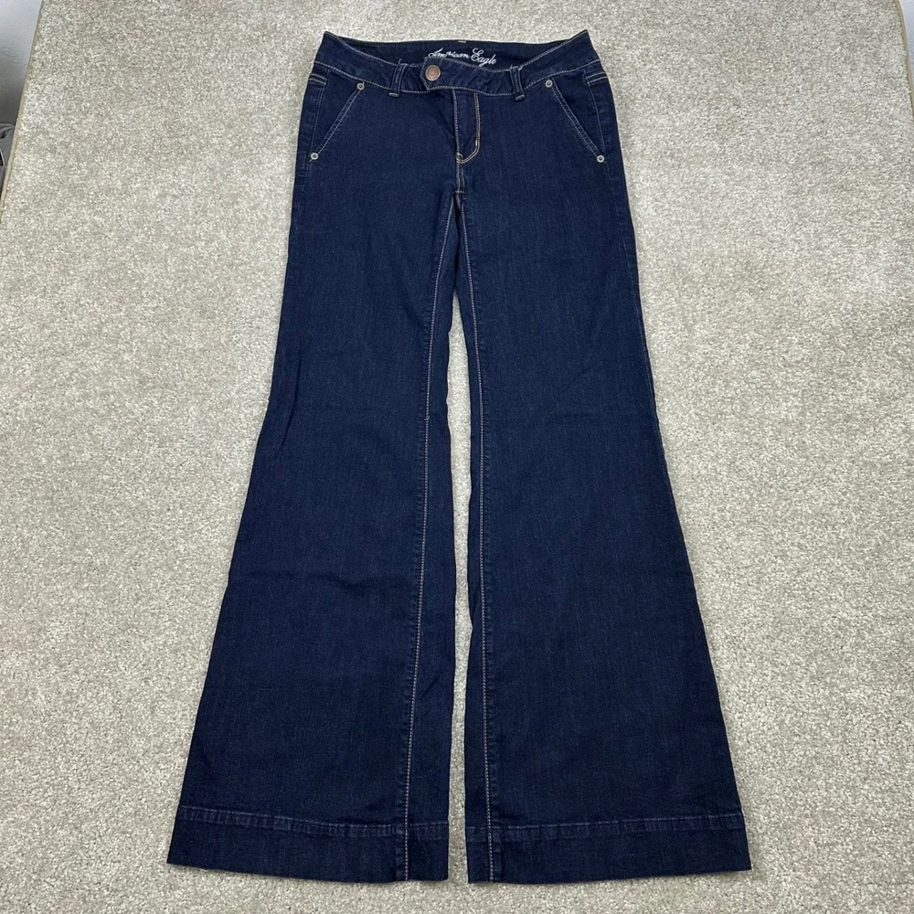 American Eagle Y2k Trouser Jeans Womens 6 Dark Wash Wide Leg Flare Denim Indigo